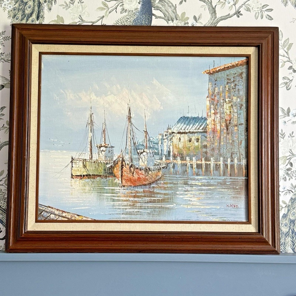 Vintage Harbor Marina Oil Painting Wolfe Signed Landscape Canvas‎ 16×20 in Frame